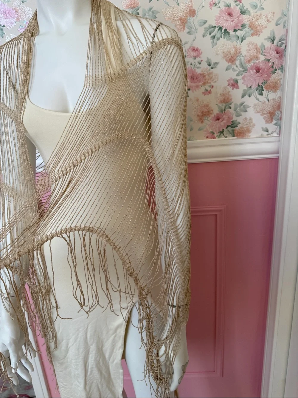 Scarf Lightweight Beige Fringe Shawl - Neutral Layering Piece